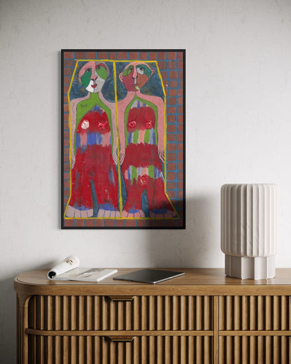 Colorful abstract painting on a wall above a wooden console table.