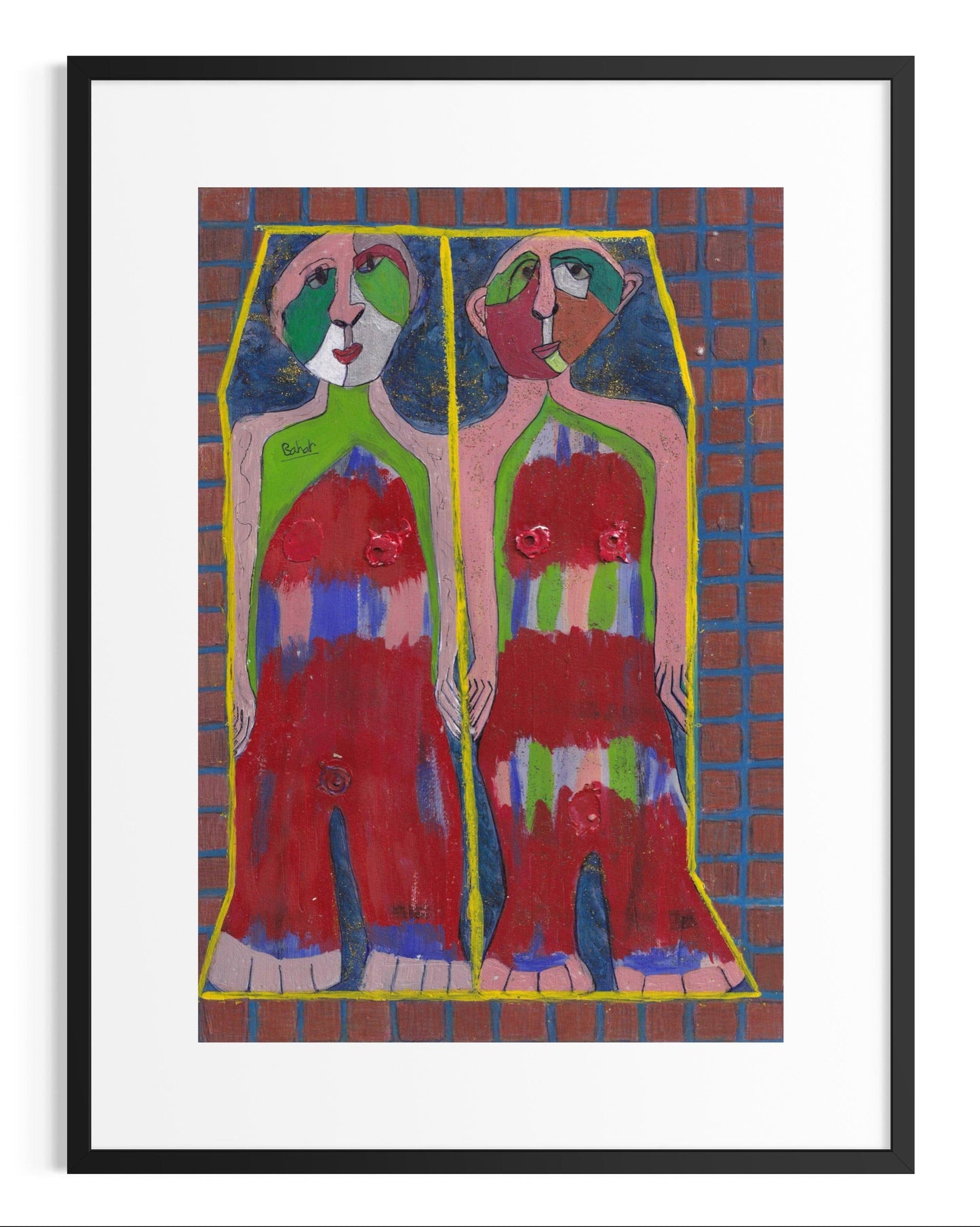 Framed abstract artwork of two figures with a colorful background