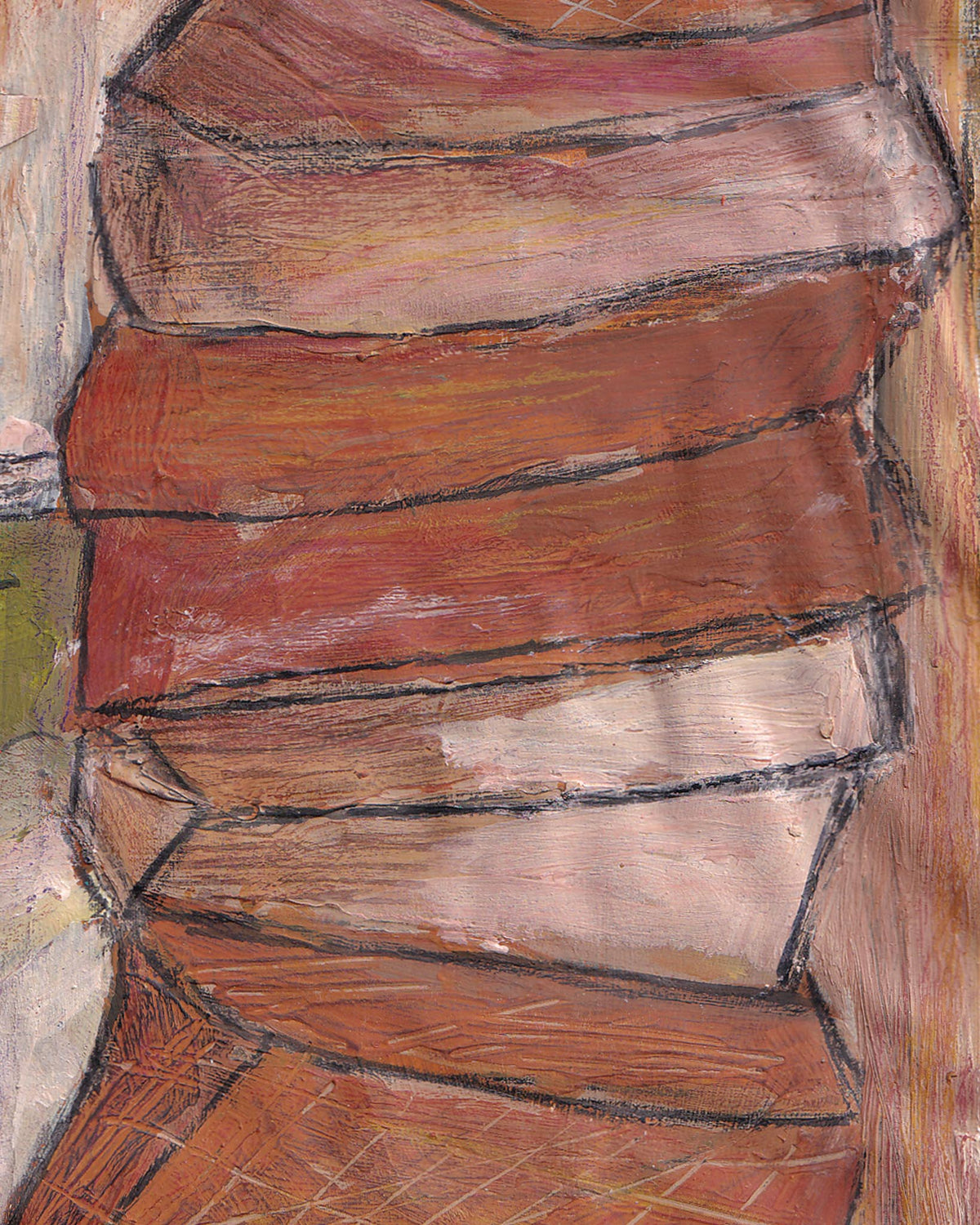 Abstract painting of stacked books with brown, red, and beige tones.
