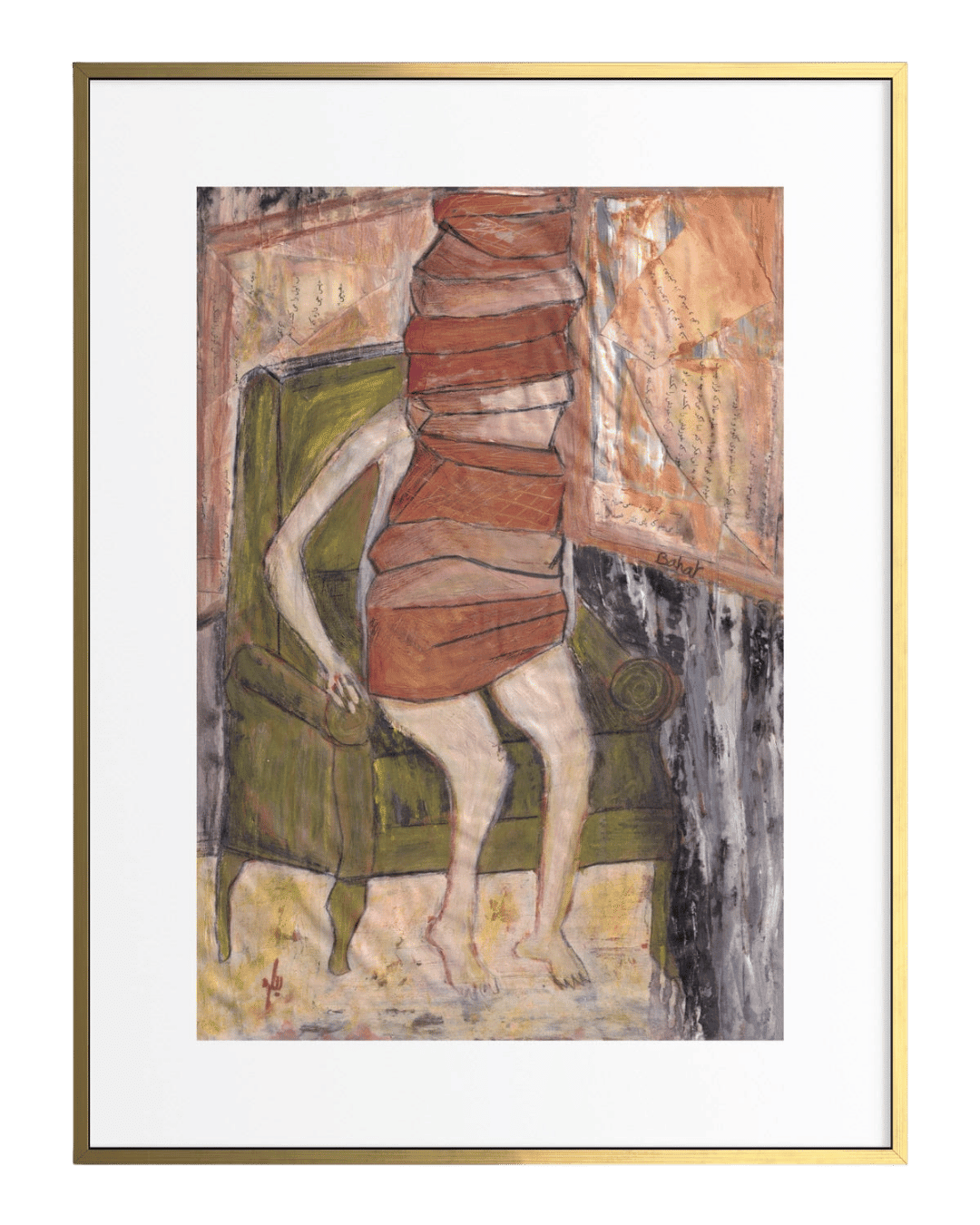 Framed artwork of a person in a red dress sitting on a green chair.