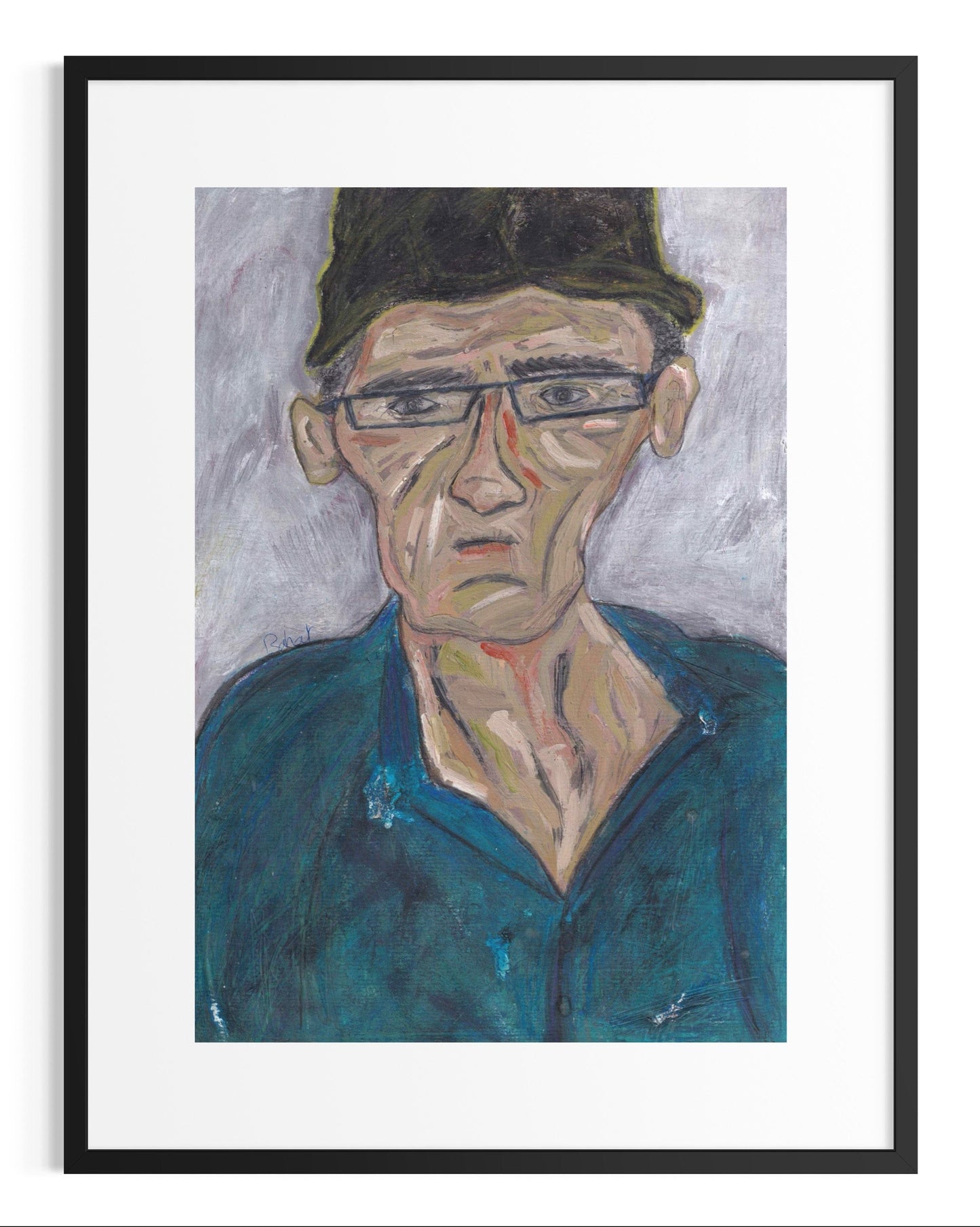 Framed painting of a man wearing glasses and a blue shirt.