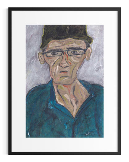 Framed painting of a man wearing glasses and a blue shirt.