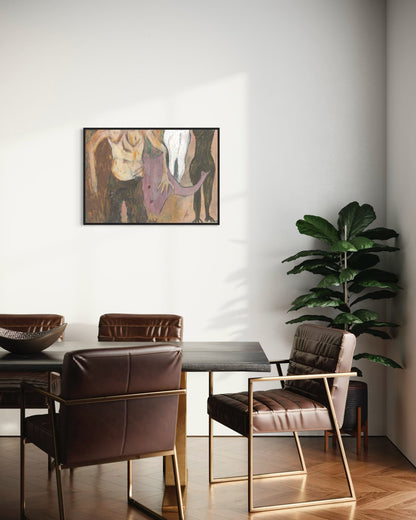 Modern dining room with a table, chairs, and a plant against a white wall.
