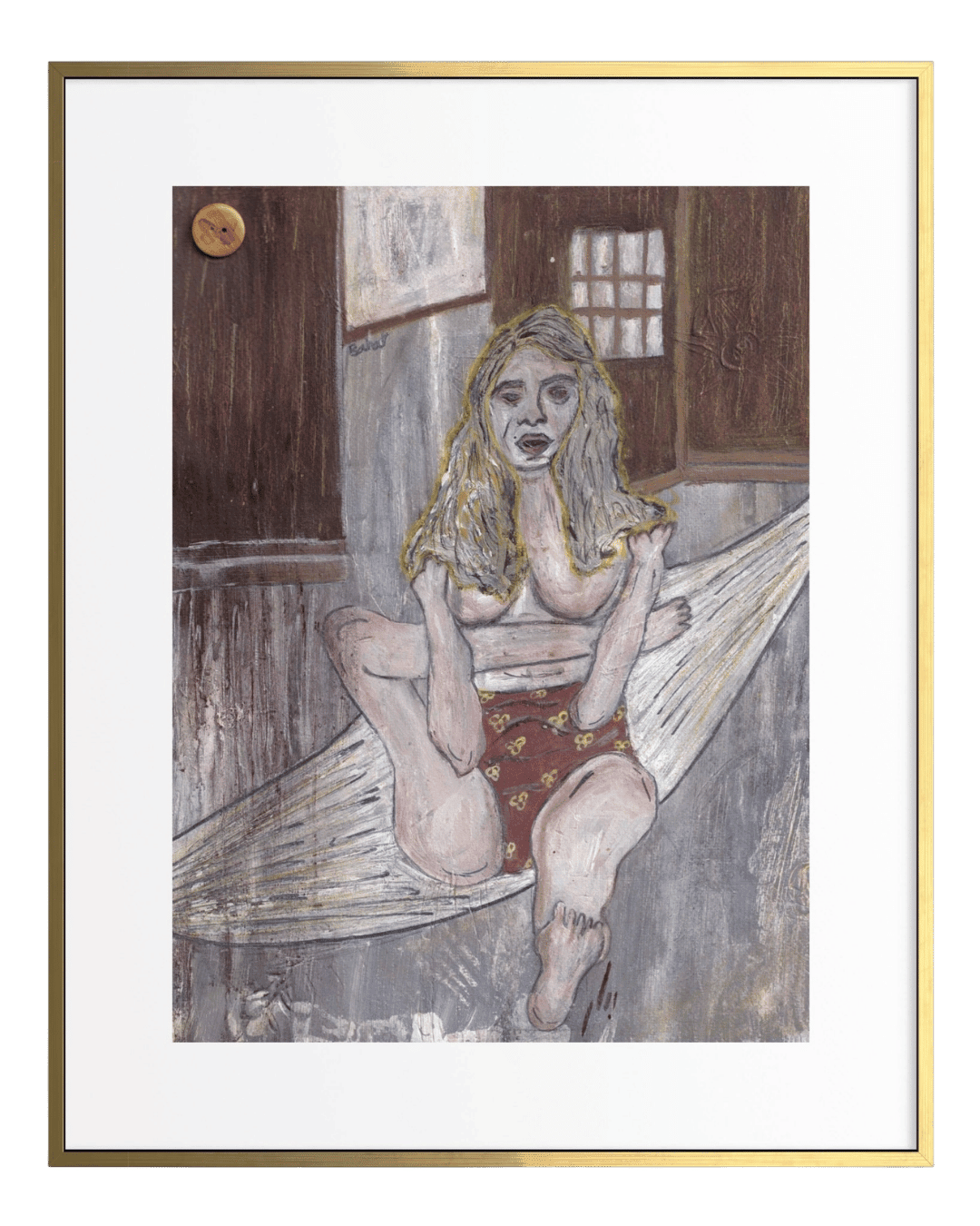 Artistic depiction of a woman in a bathtub with a towel draped over her head, framed with a gold border.