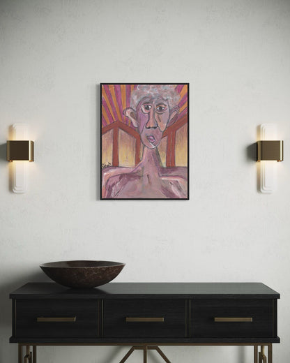 Framed artwork above a black console table with wall sconces on a light gray wall.