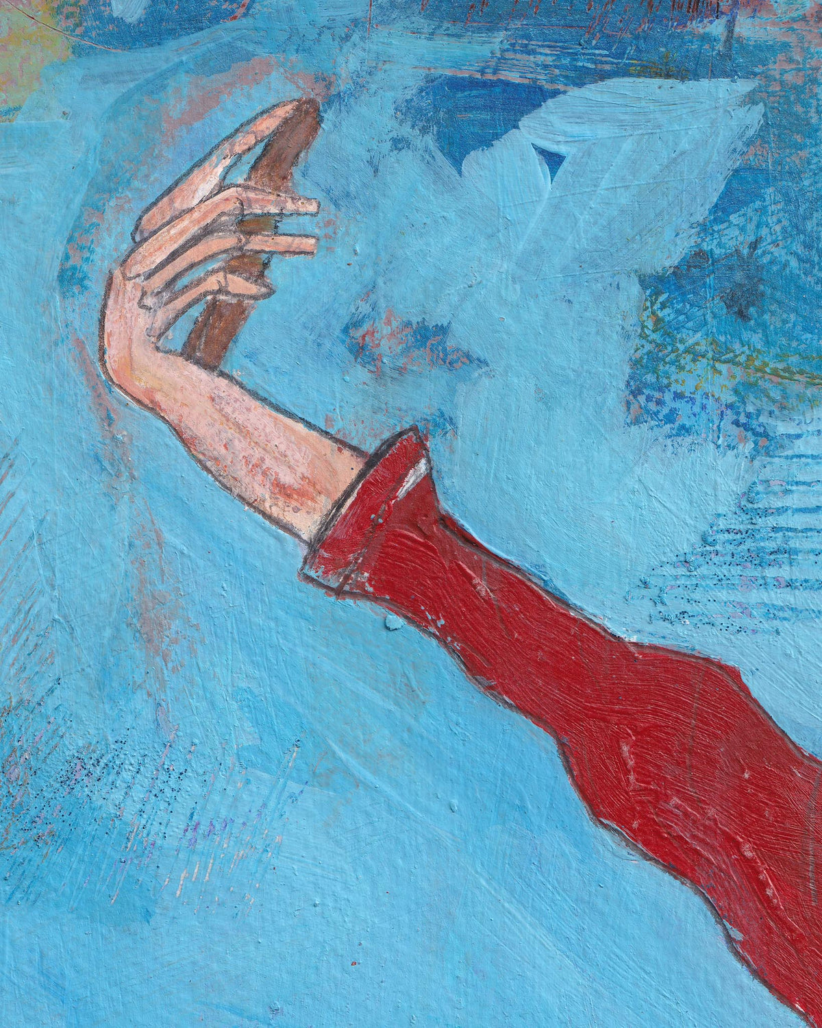 Artistic depiction of a hand reaching out with a red sleeve against a blue background