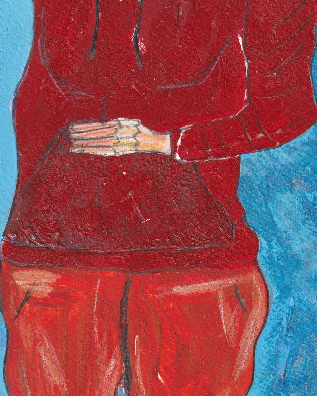 Red figure with a hand on a blue background