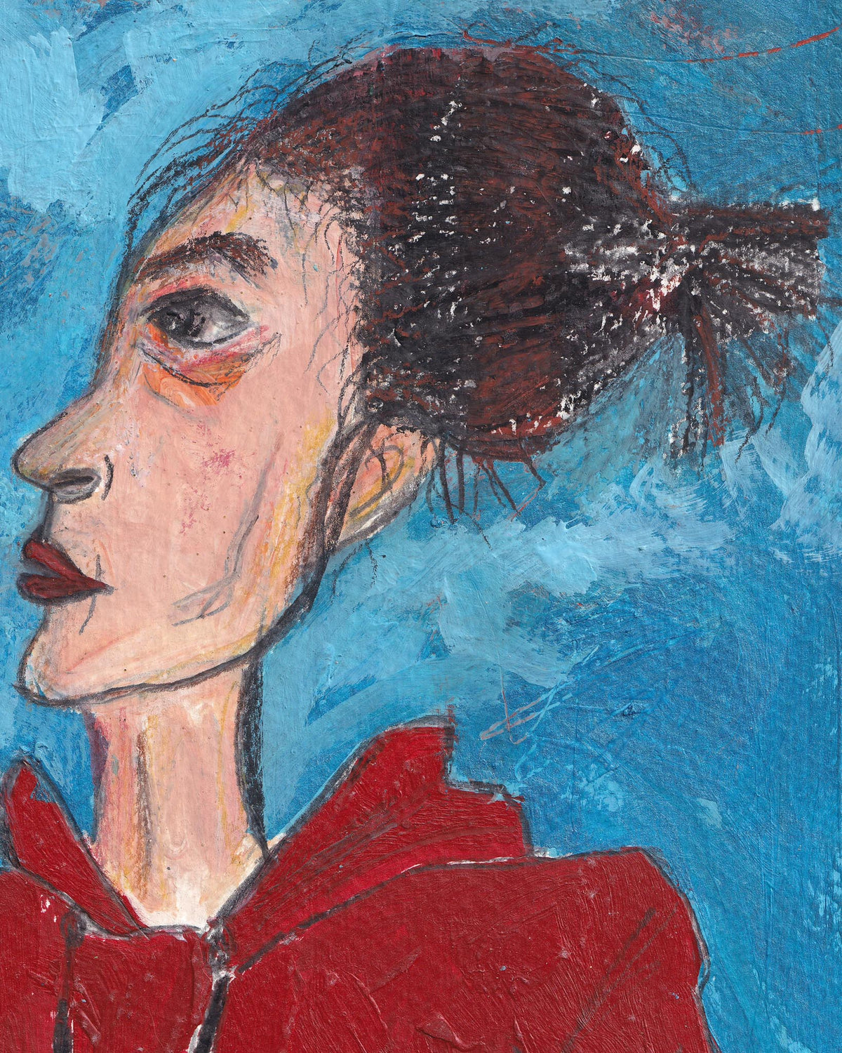 Artistic depiction of a person with red hair and red clothing against a blue background