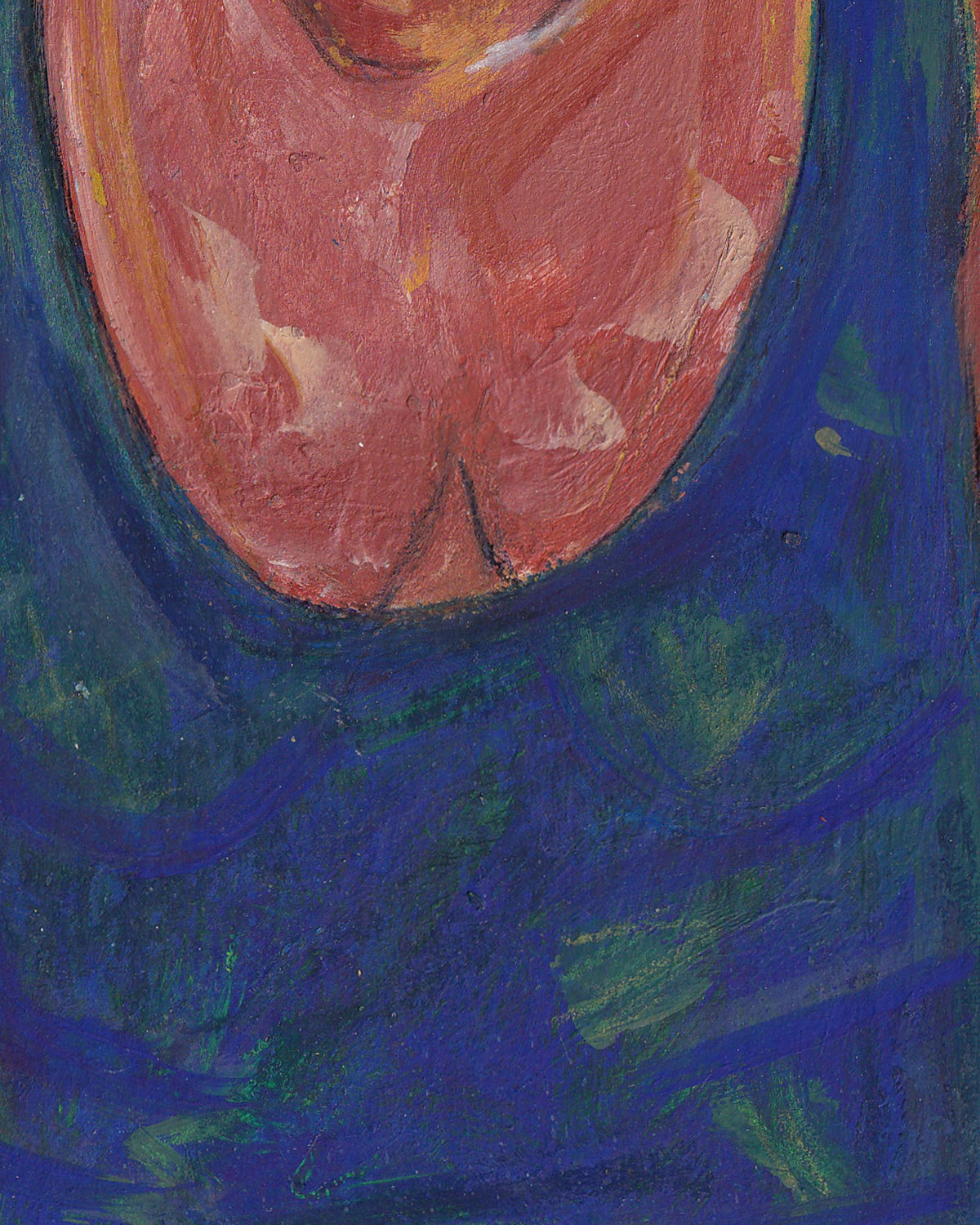Abstract painting with a pink oval shape on a blue background