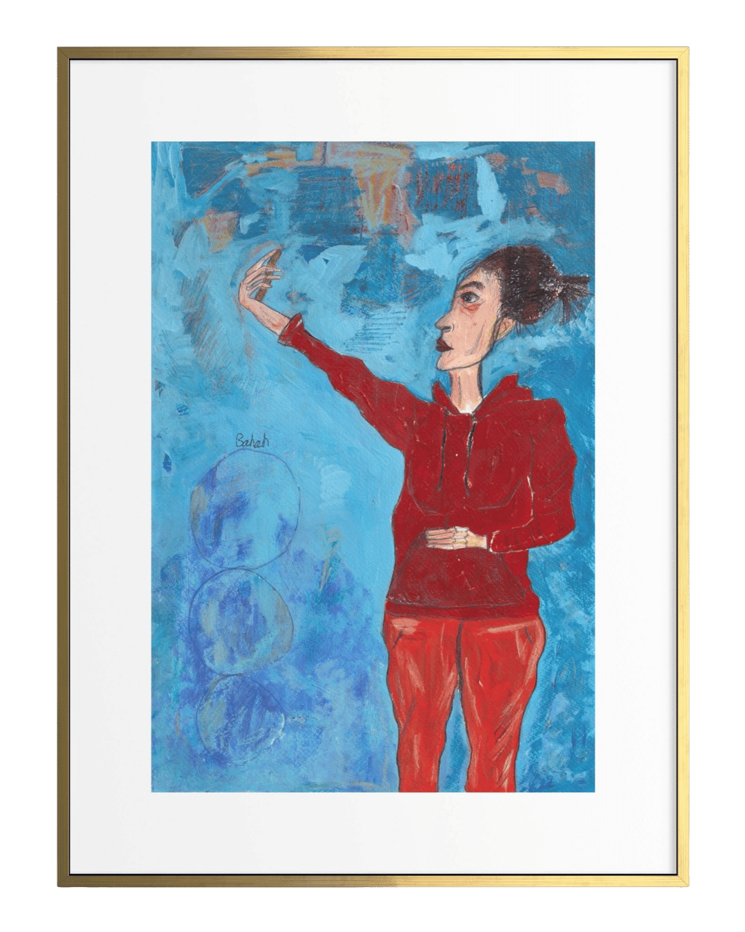 Framed artwork of a person in a red outfit against a blue background