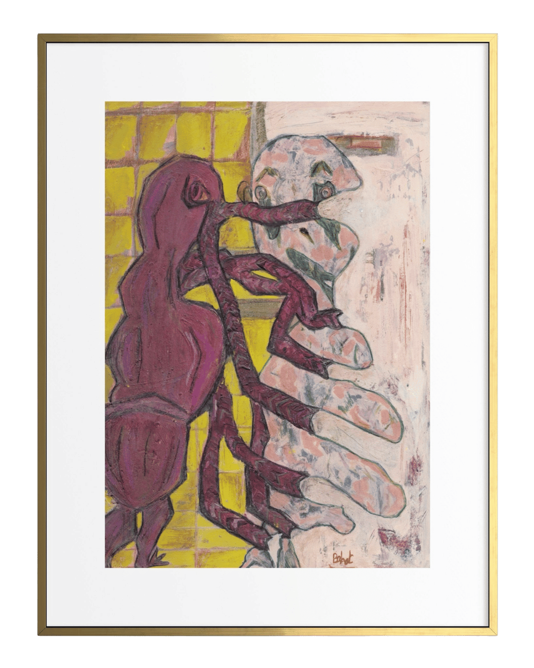 Framed artwork of abstract figures with a gold frame.