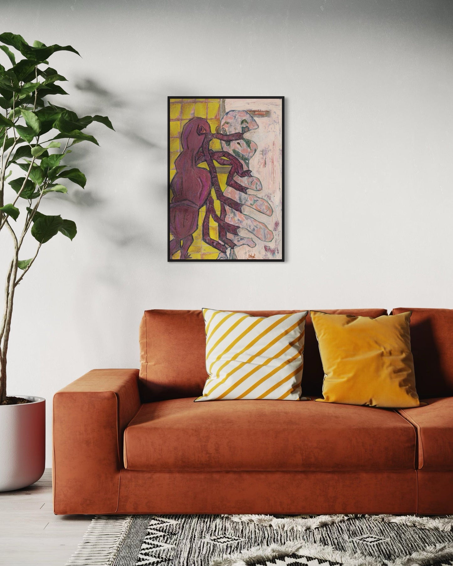 Living room with a brown sofa, decorative pillows, and a colorful abstract painting on the wall.