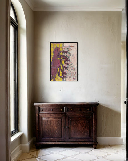 Wooden cabinet below a colorful abstract painting on a white wall.