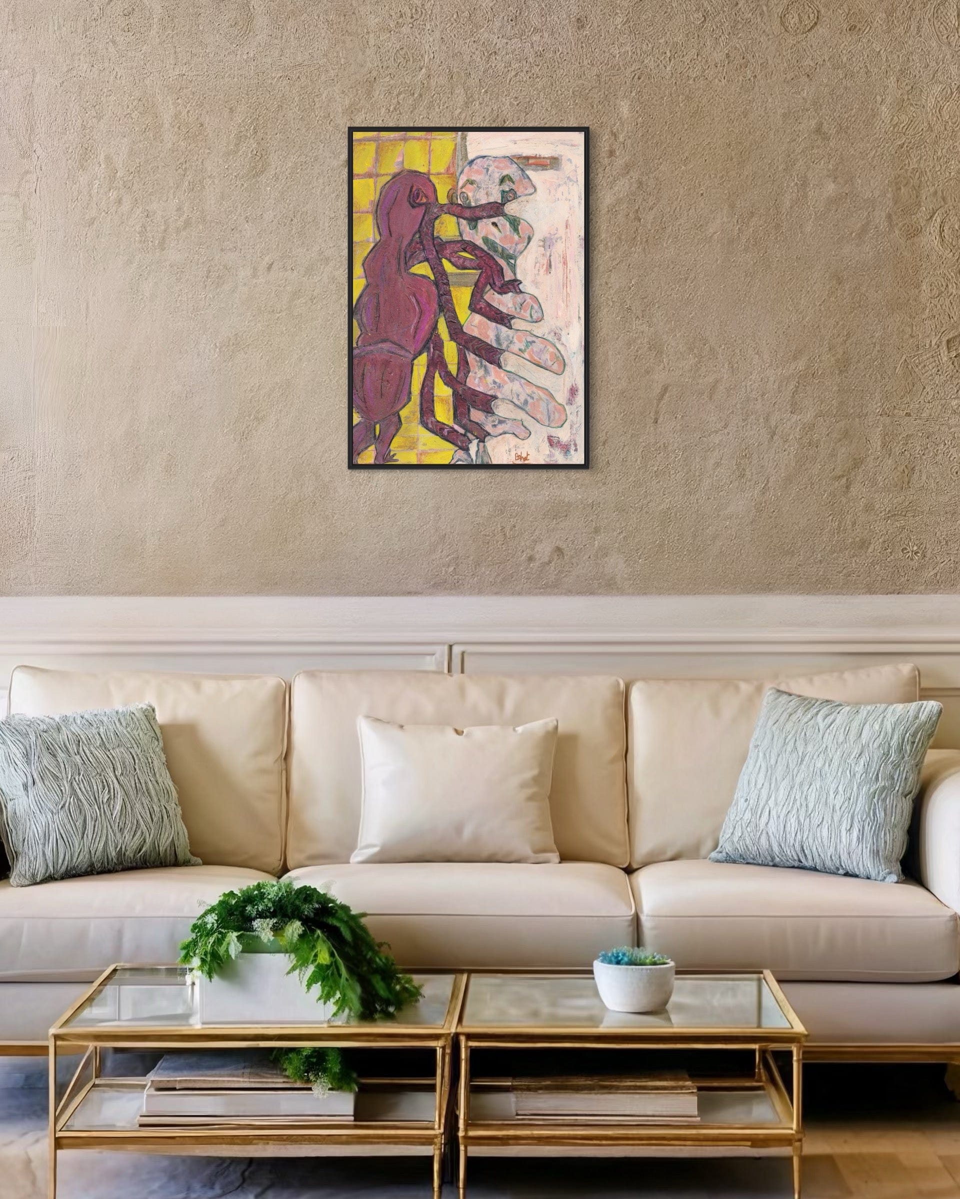 Living room with a beige sofa, glass coffee table, and abstract art on the wall.