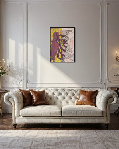 White tufted sofa with brown cushions in a room with a colorful abstract painting on the wall.