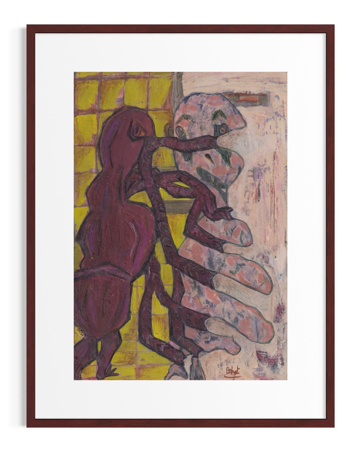 Abstract artwork with two figures in a dynamic pose against a yellow background.