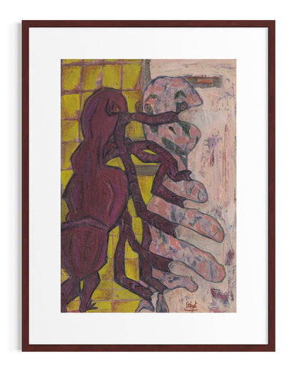 Abstract artwork with two figures in a dynamic pose against a yellow background.