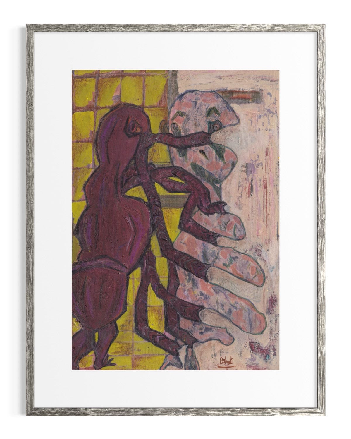 Framed abstract artwork with two figures on a white background