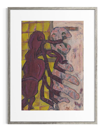 Framed abstract artwork with two figures on a white background