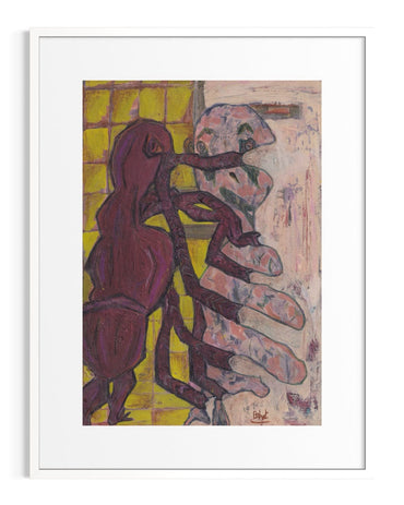 Abstract artwork with two figures in a dynamic pose against a colorful background