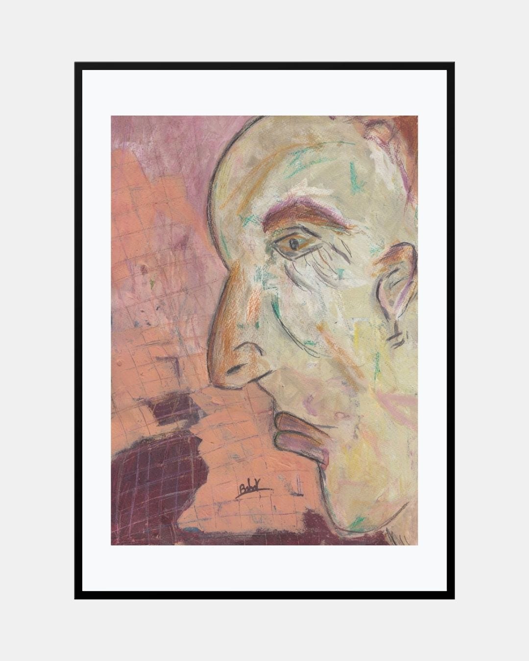 Framed artwork of a stylized portrait with abstract elements on a white background