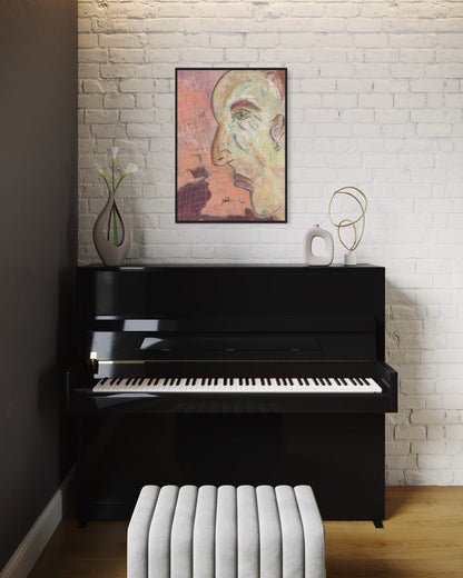 Black upright piano in a room with a white brick wall, a painting, and a vase.