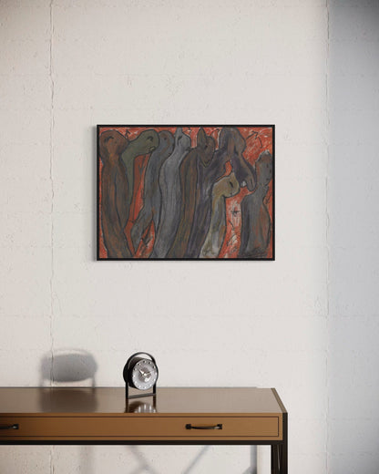 Abstract painting on a wall above a wooden desk with a clock.