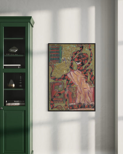Framed artwork on a wall next to a green cabinet