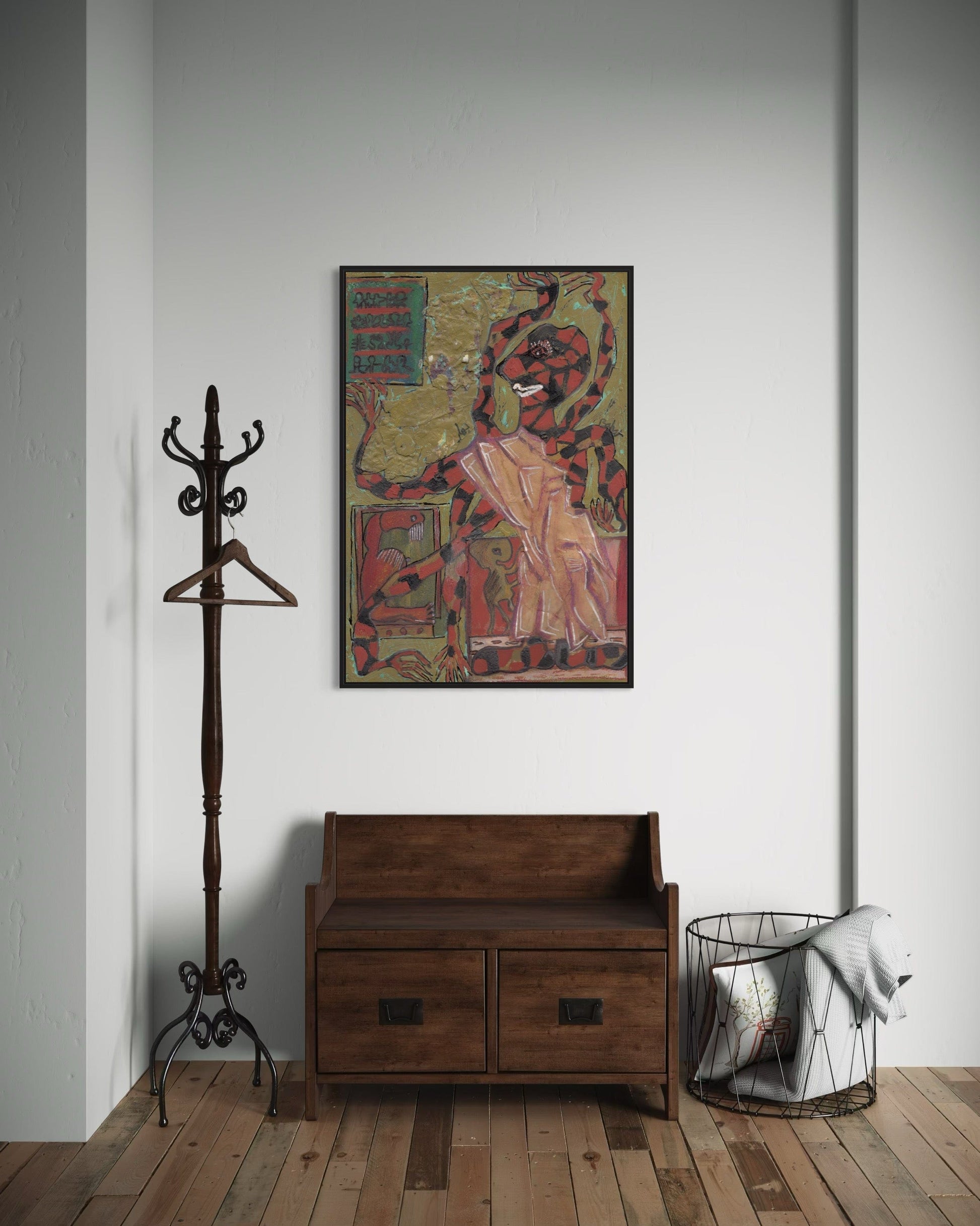 Wooden bench, coat rack, and artwork on a white wall in a room with wooden flooring.