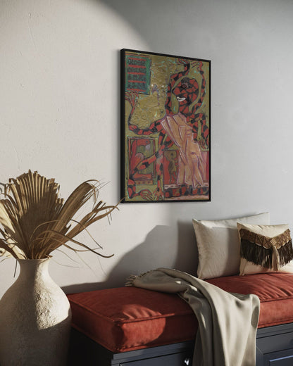 Decorative interior with a colorful framed artwork on the wall, a red cushioned bench, and a vase with dried plants.