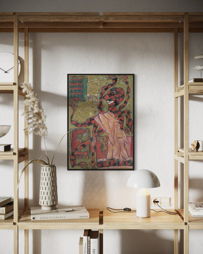 Framed artwork on a wall between wooden shelves with decor items.