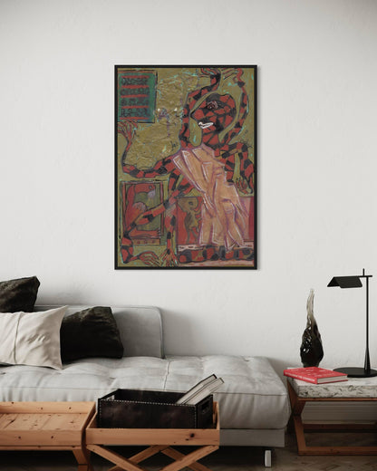 Living room with a colorful tiger painting on the wall above a sofa.