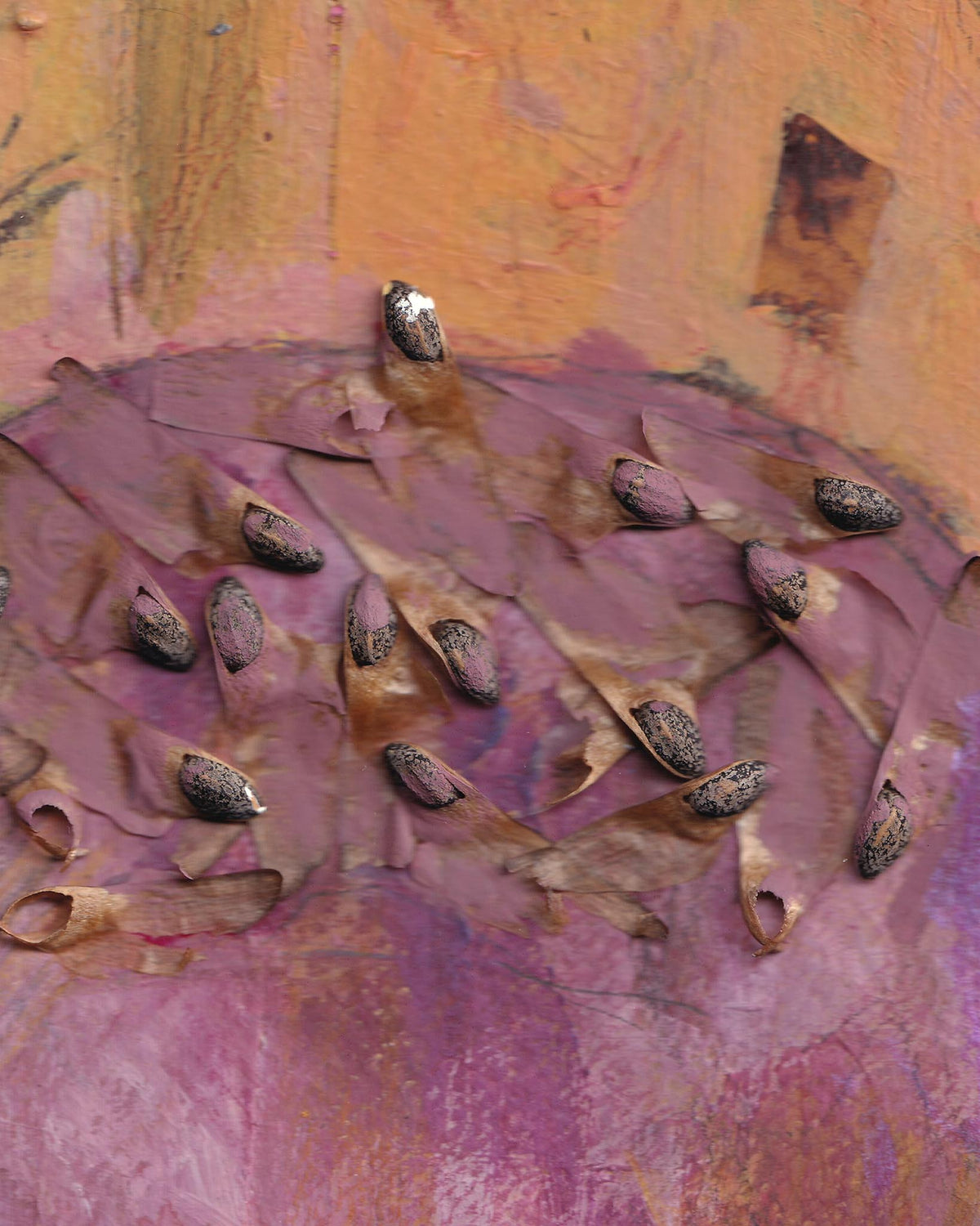Artistic depiction of seeds on a textured surface with abstract background