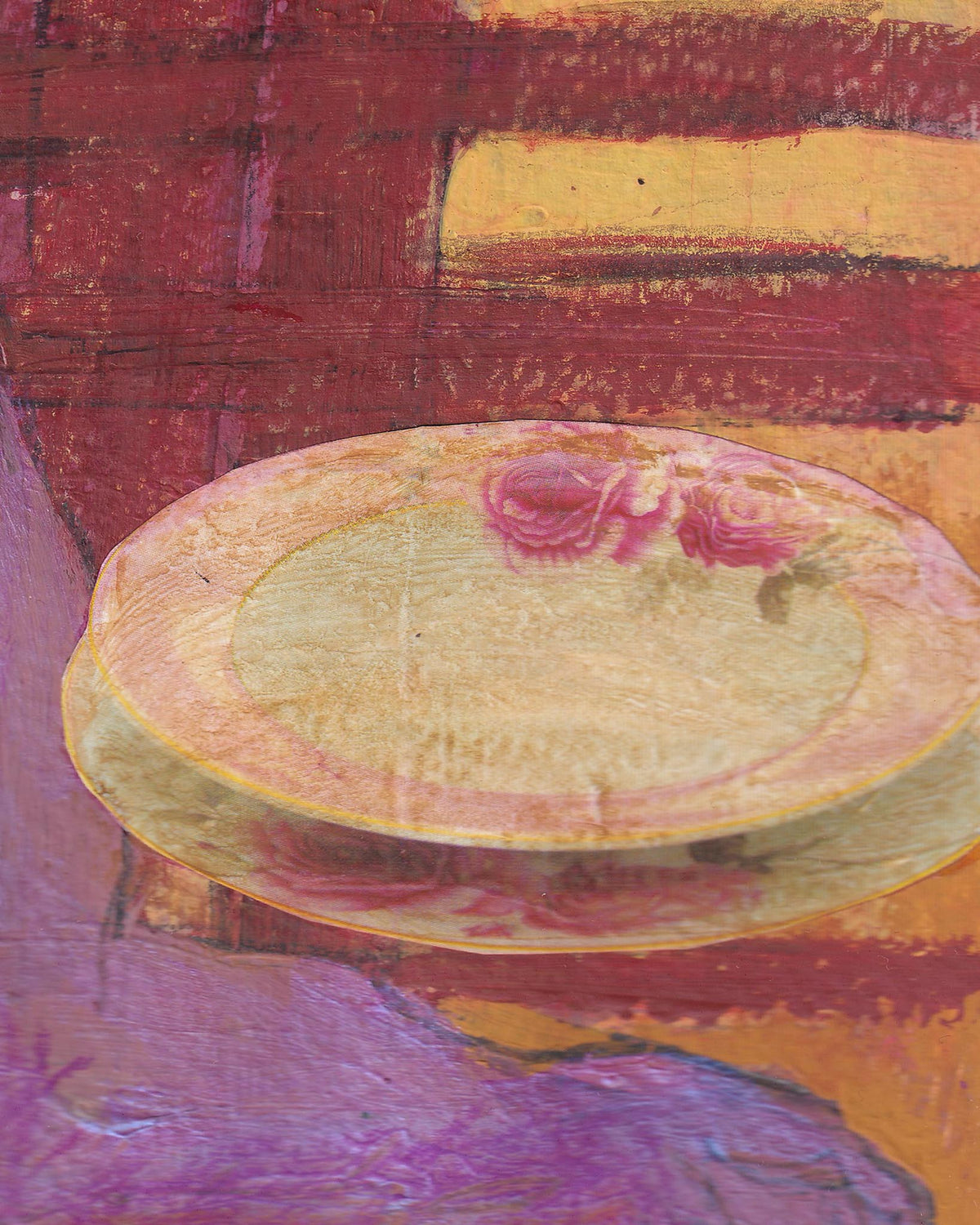 Abstract painting with circular forms in pink, yellow, and purple on a textured background
