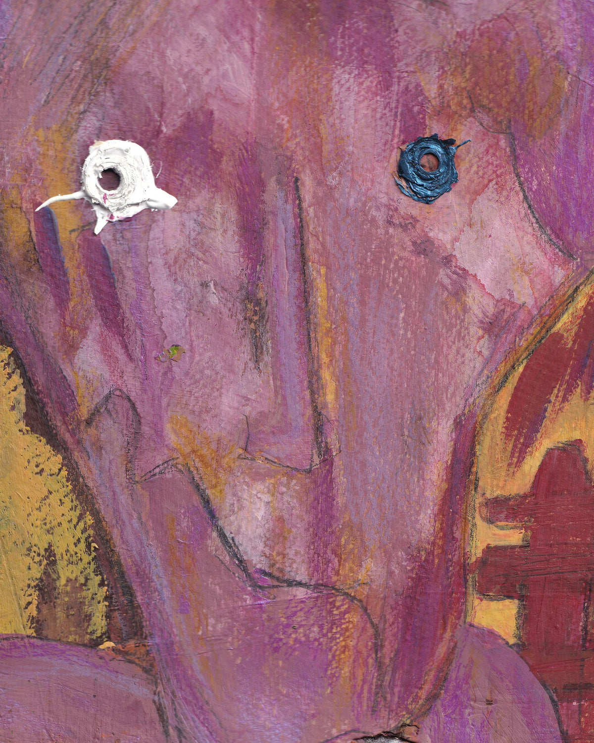 Abstract painting with purple and pink hues, featuring a white circle and blue dot.