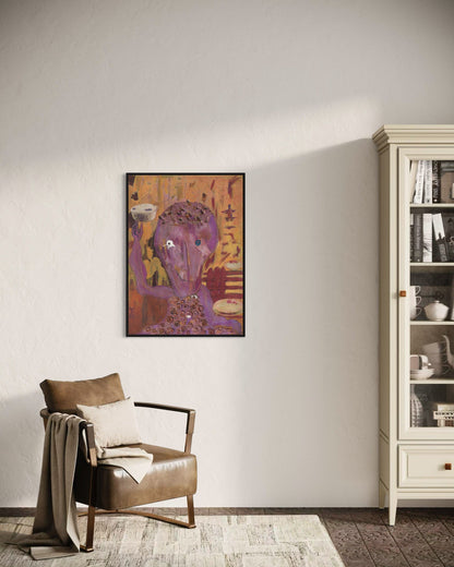 Living room with a brown armchair, colorful abstract painting, and white bookshelf.
