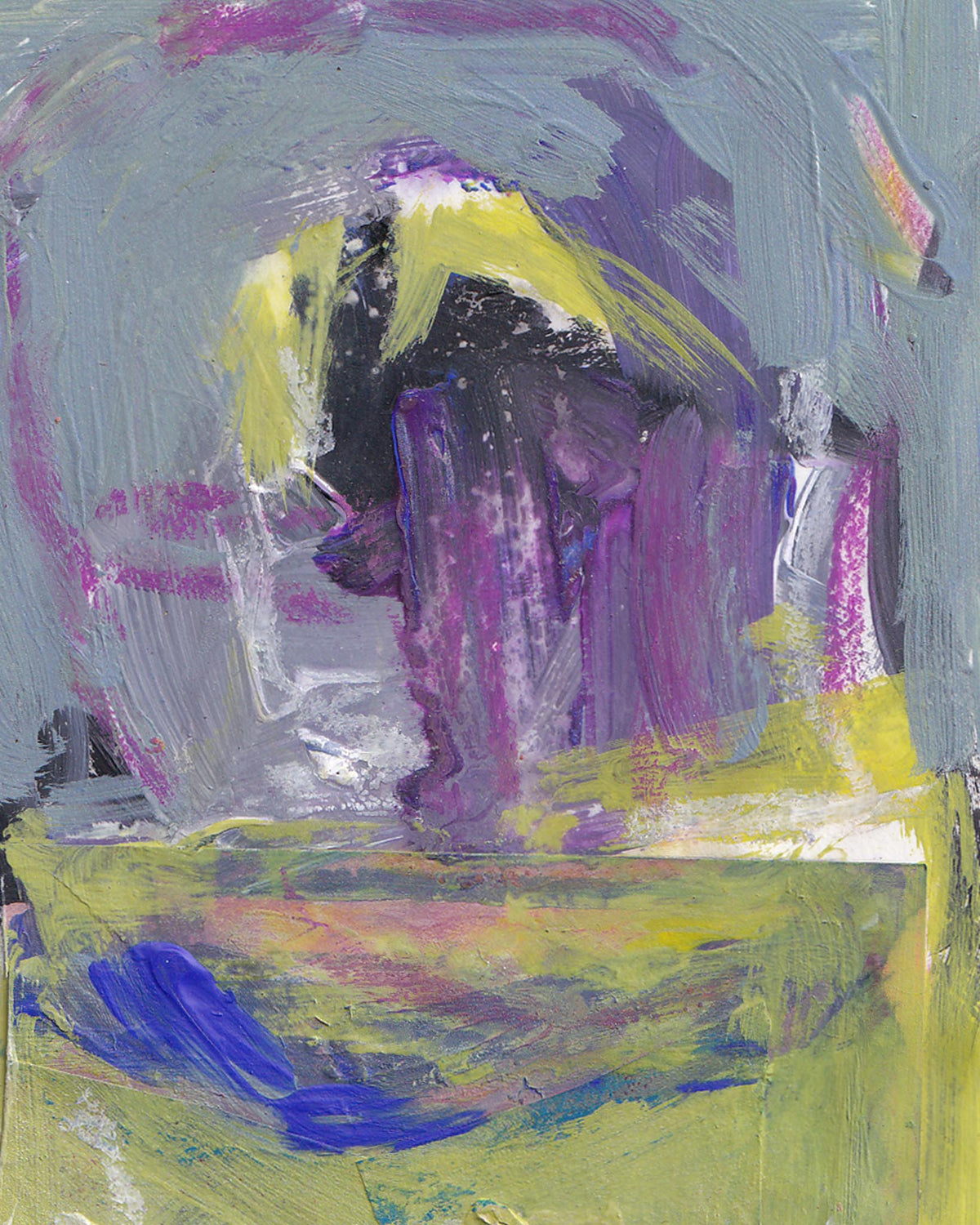 Abstract painting with purple, yellow, and green colors