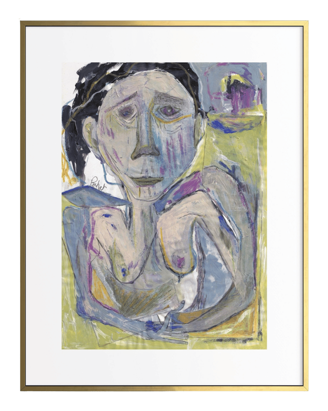 Artistic depiction of a person with abstract colors and a green frame.
