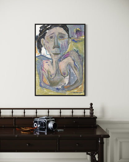 Framed painting of a nude figure on a wall above a dark wooden desk with an old camera.
