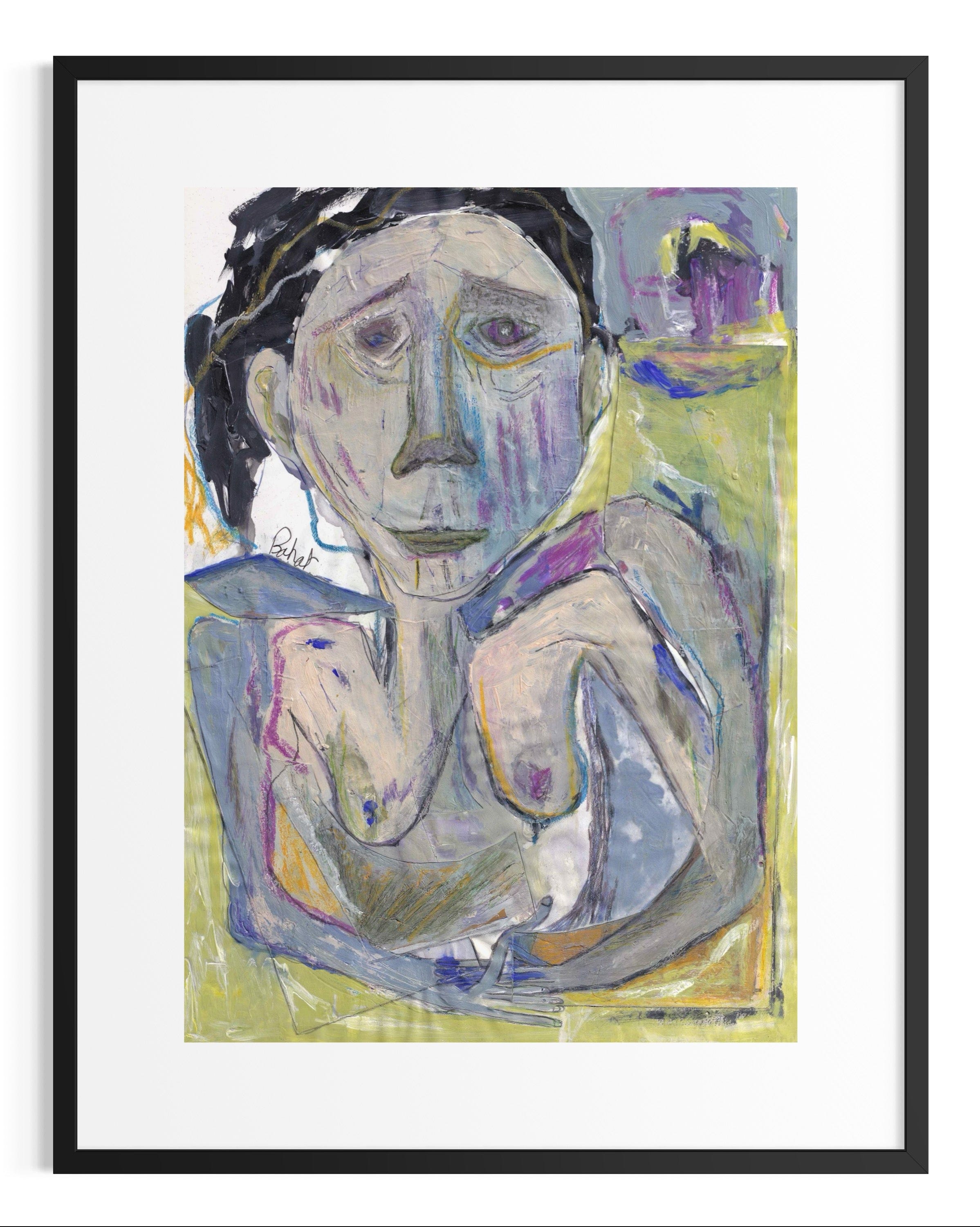 Abstract painting of a person with a black frame