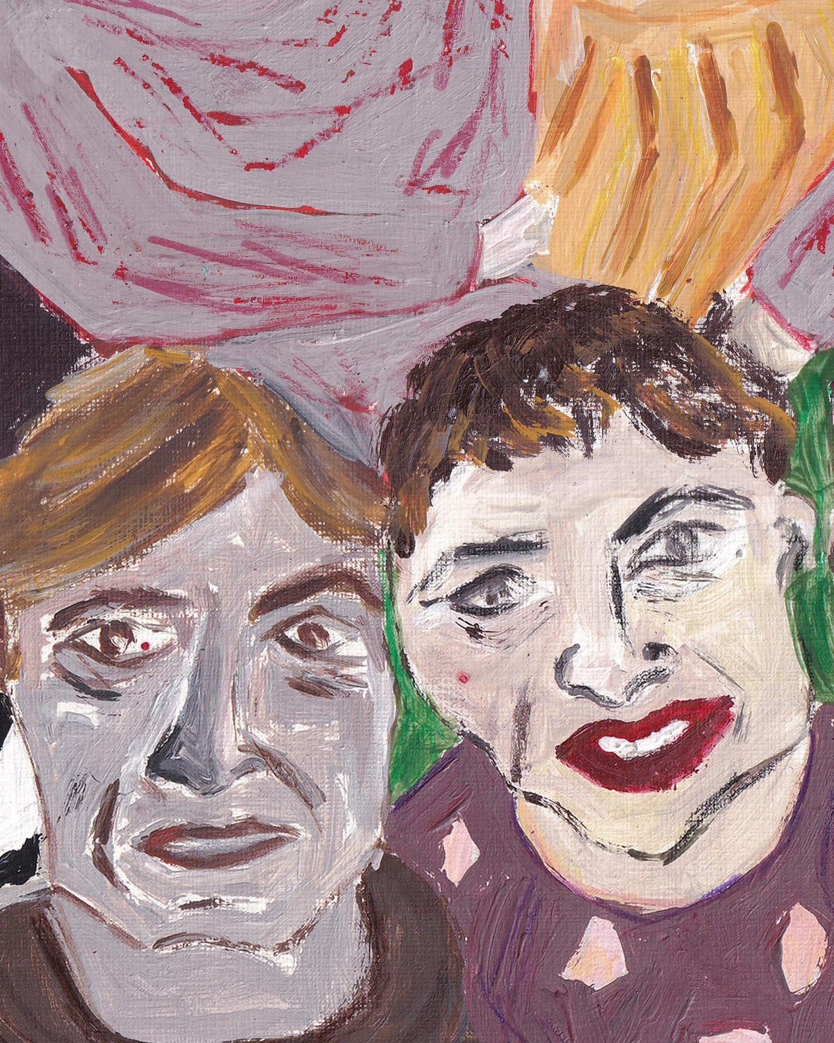 Two stylized faces with abstract elements in the background