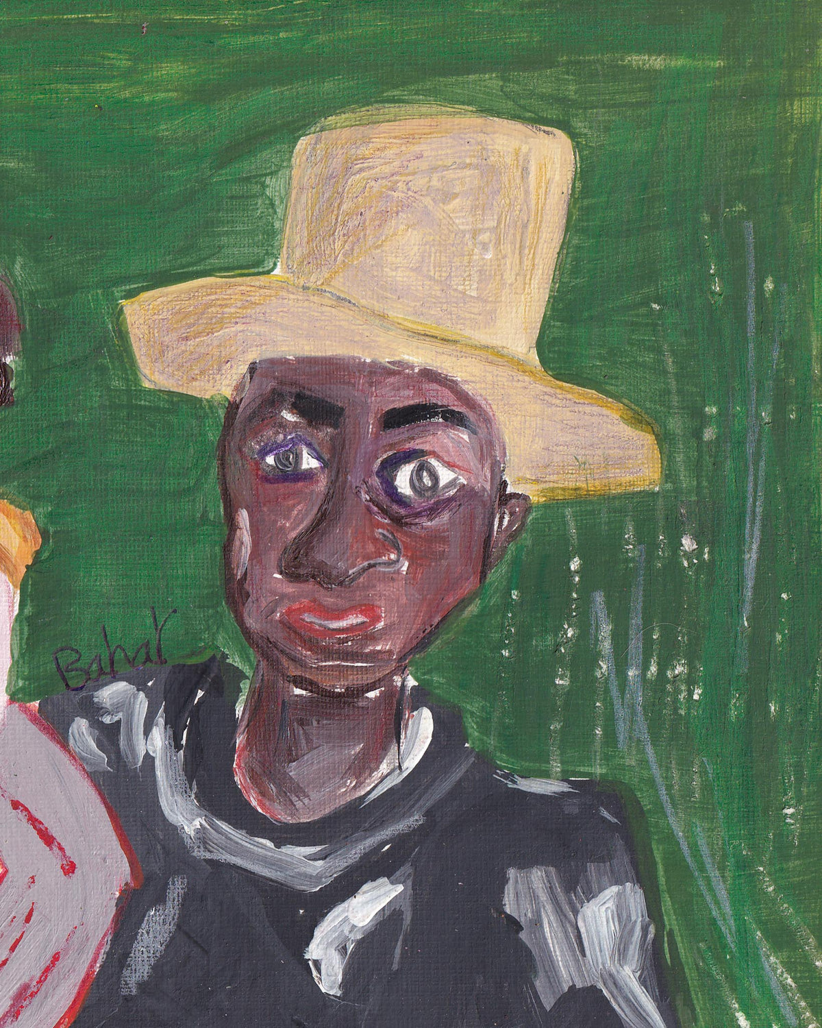 Painting of a person wearing a straw hat against a green background