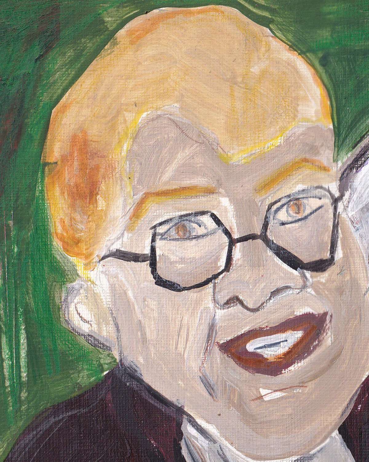 Painted portrait of a person with glasses against a green background