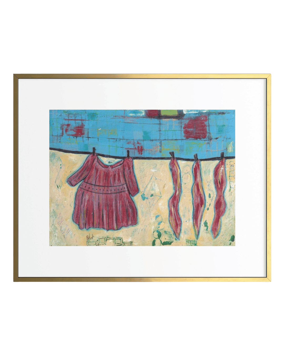 Framed artwork of a red dress and pants hanging on a line against a blue sky.