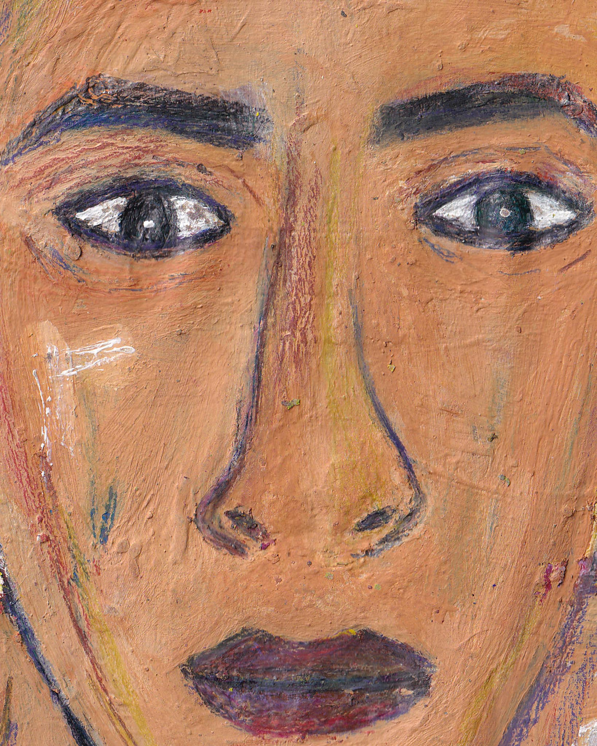 Artistic depiction of a face with stylized features on a textured surface