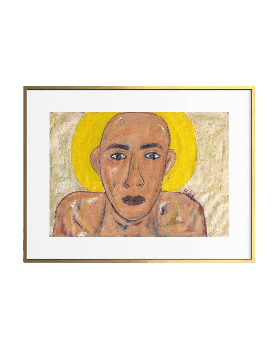 Framed artwork of a bald person with a yellow halo on a green background