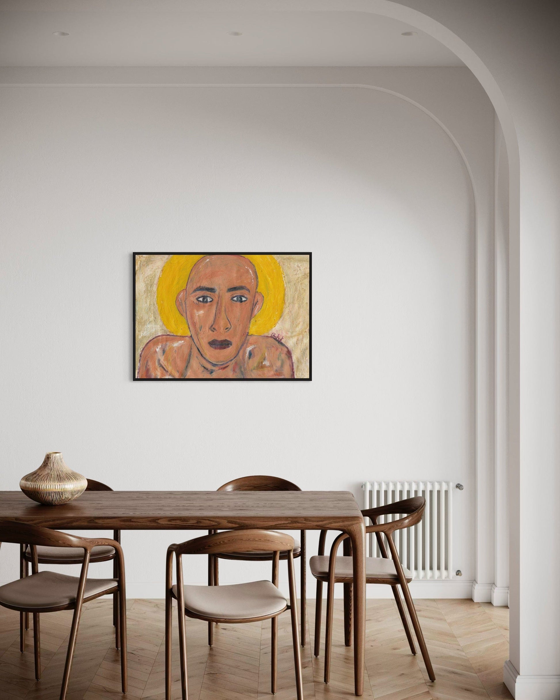 Dining room with a wooden table and chairs, featuring a large abstract painting on the wall.