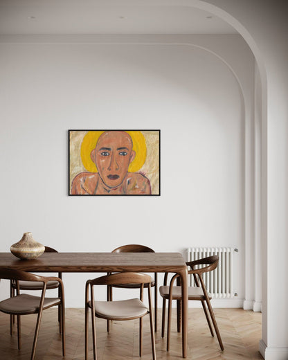 Dining room with a wooden table and chairs, featuring a large abstract painting on the wall.