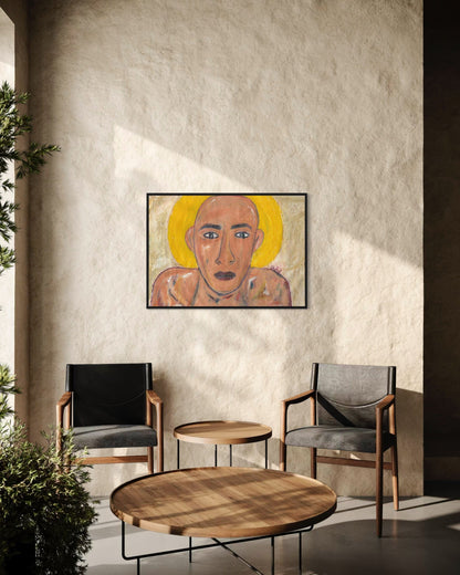 Modern interior with two chairs and a table, featuring a framed artwork on the wall.