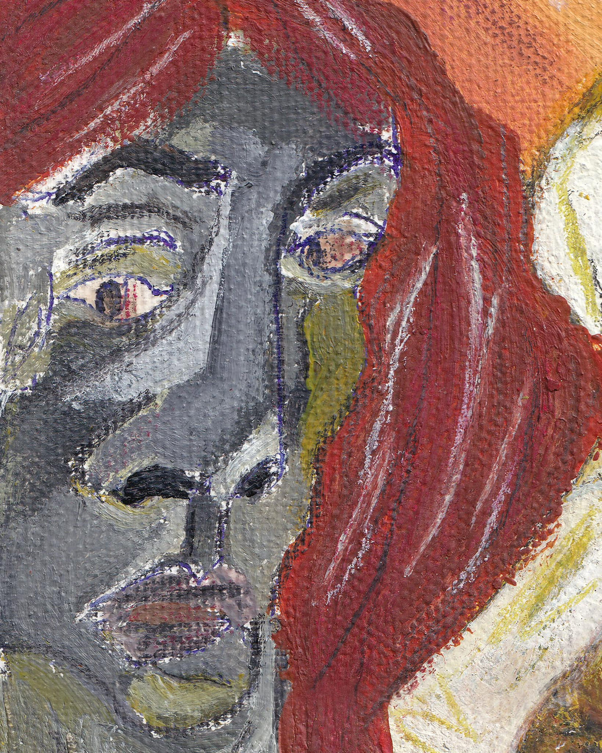 Artistic depiction of a face with red hair and a neutral expression.